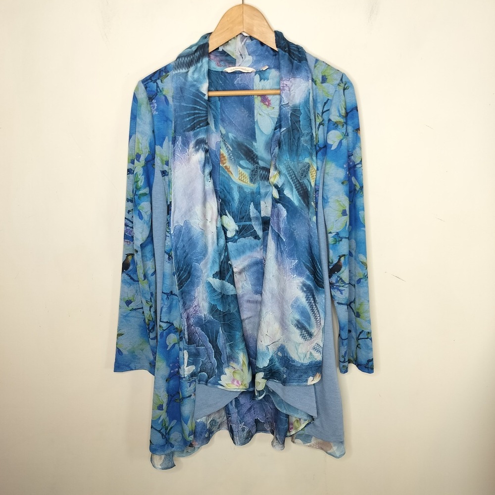 Soft‎ Surroundings Tea Garden Cardigan Floral Koi Fish Birds Draped